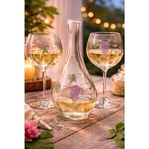 Vintage Grape Motif Wine Decanter with 2 Matching Goblets Glass Set